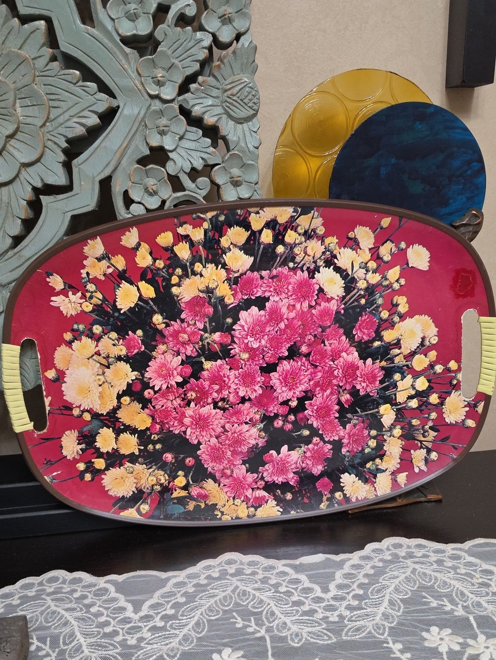 Vintage Made in Japan Oval Tray Label - Red on White 18 " Lenght Flowers